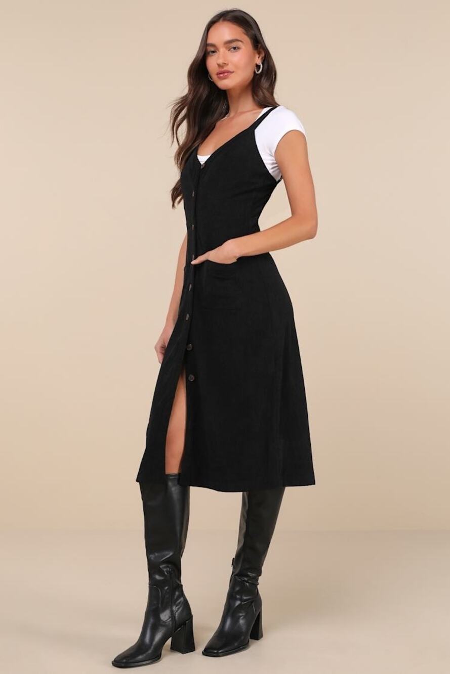 NWT Lulus Certainly the Sweetest Black Corduroy Button-Front Midi Dress Size S